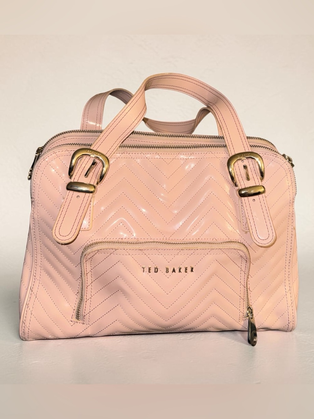 Ted Baker London Pink Chevron Quilted Patent Leather Satchel Tote Gold Hardware
